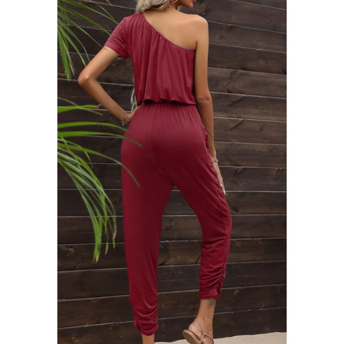 Drawstring Waist One-Shoulder Jumpsuit with Pockets