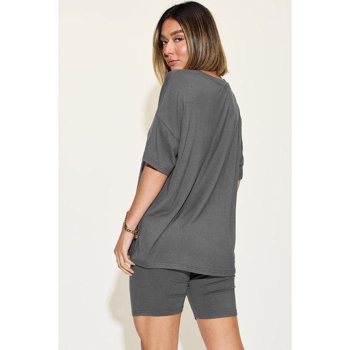 V-Neck Drop Shoulder Short Sleeve T-Shirt and Shorts Set