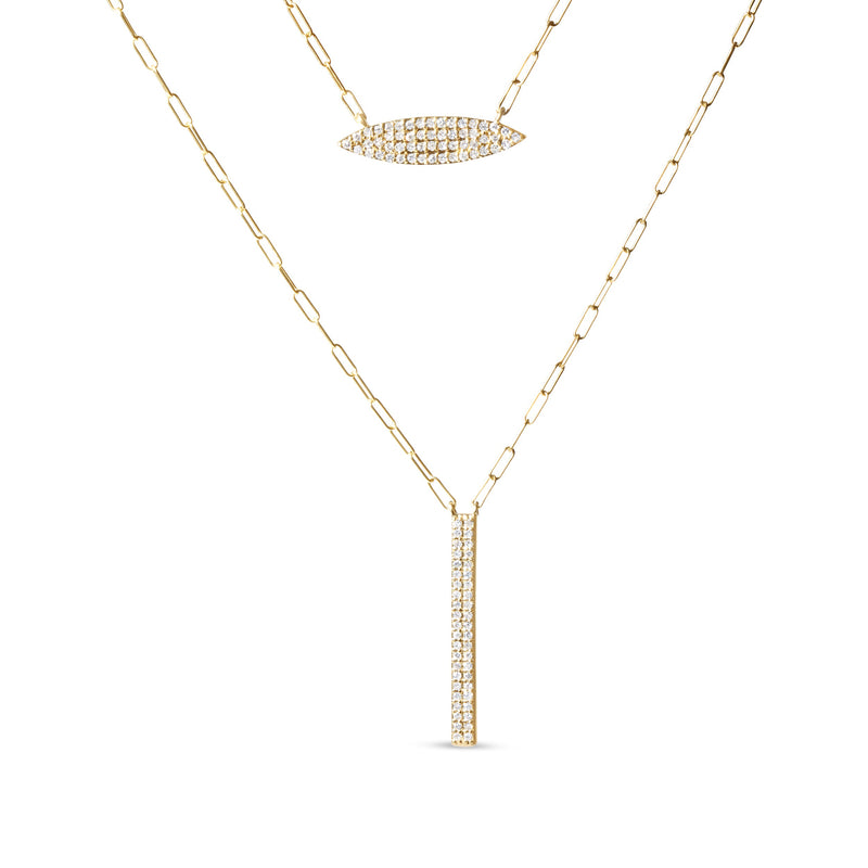 Bids.com 14K Yellow Gold 3/8 Cttw Two-Strand Marquise and Bar Charm Paper Clip Link Pendant Necklace  (I-J Color, I1-I2 Clarity) -18" and 20" Inch Lengths Necklaces