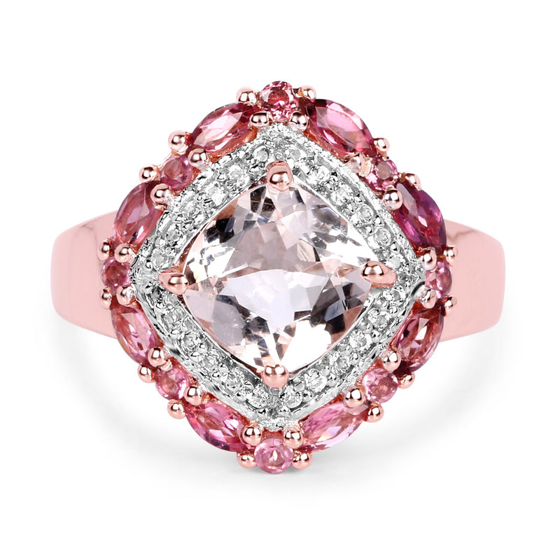 Bids.com 14K Rose Gold Plated 3.11 Carat Genuine Morganite, Pink Tourmaline & White Topaz .925 Sterling Silver Ring Rings