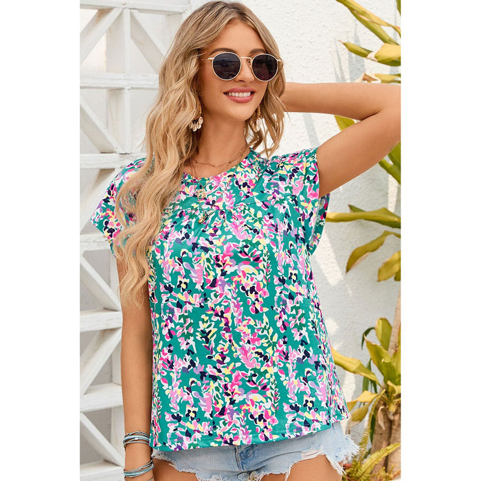 Printed Round Neck Cap Sleeve Blouse