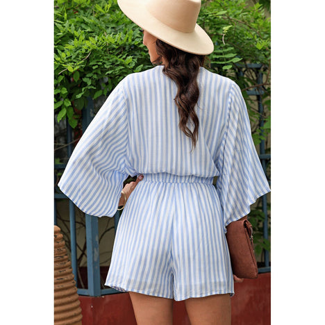 Tied Striped Three-Quarter Sleeve Romper