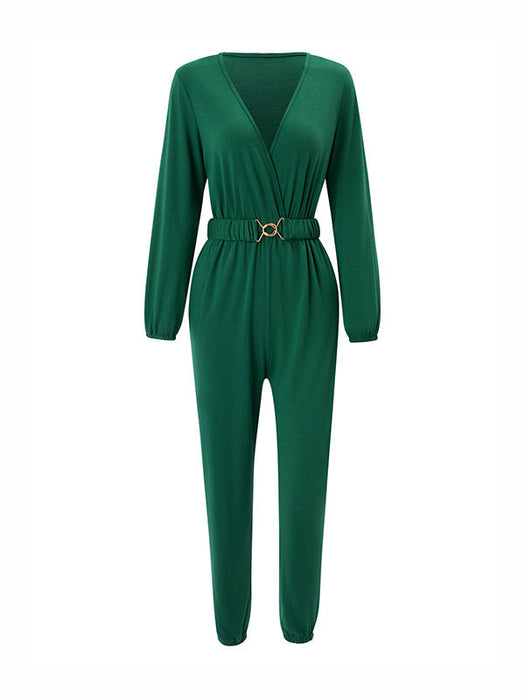 Long Sleeves Belted Elasticity V-Neck Jumpsuits by migunica