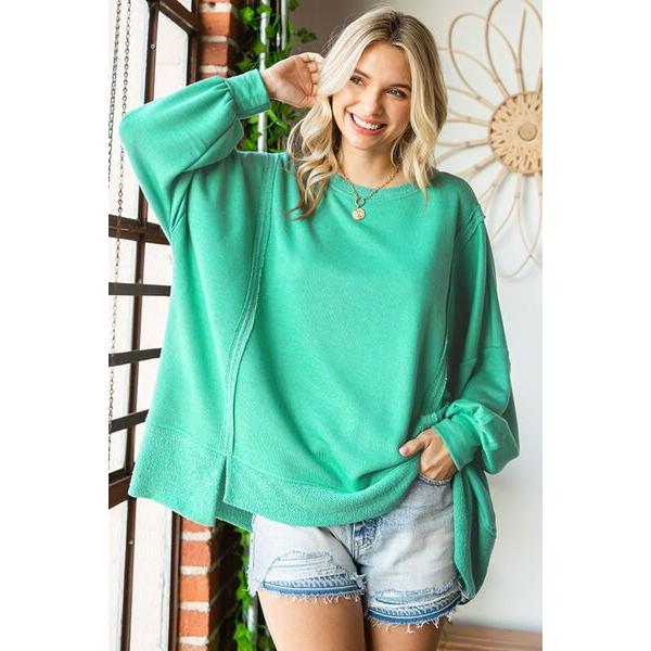 First Love Exposed Seam Round Neck Dropped Shoulder Blouse