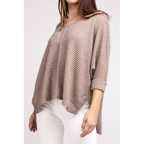 3/4 Sleeve V-Neck Hi-Low Hem Jacquard Sweater