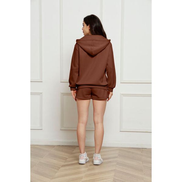 Zip Up Drawstring Hoodie and Shorts Set