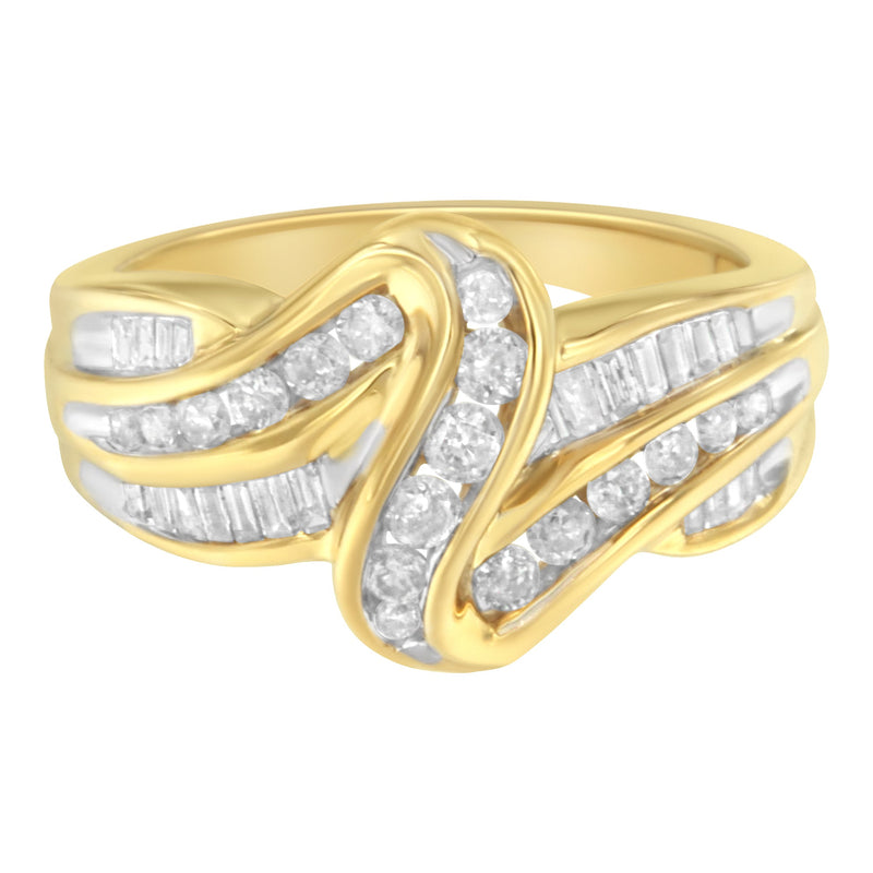 Bids.com 10K Yellow Gold 3/4 Cttw Channel Set Round and Baguette-cut Diamond Double Shank Bypass Ring (J-K Color, I1-I2 Clarity) - Size 6.75 Rings