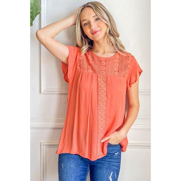 And The Why Lace Detail Ruffle Short Sleeve Blouse