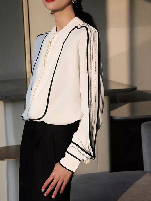 Casual Patchwork Stand Collar Long Sleeve Minimalist Loose Blouse