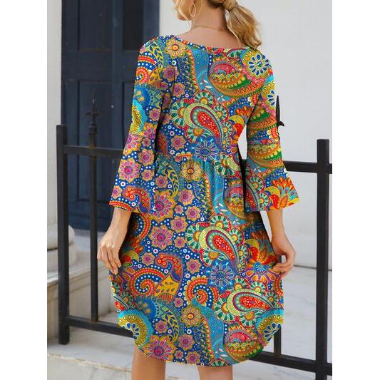 Paisley Print Round Neck Three-Quarter Sleeve Dress