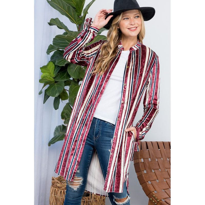 STRIPE VELVET LONG CARDIGAN