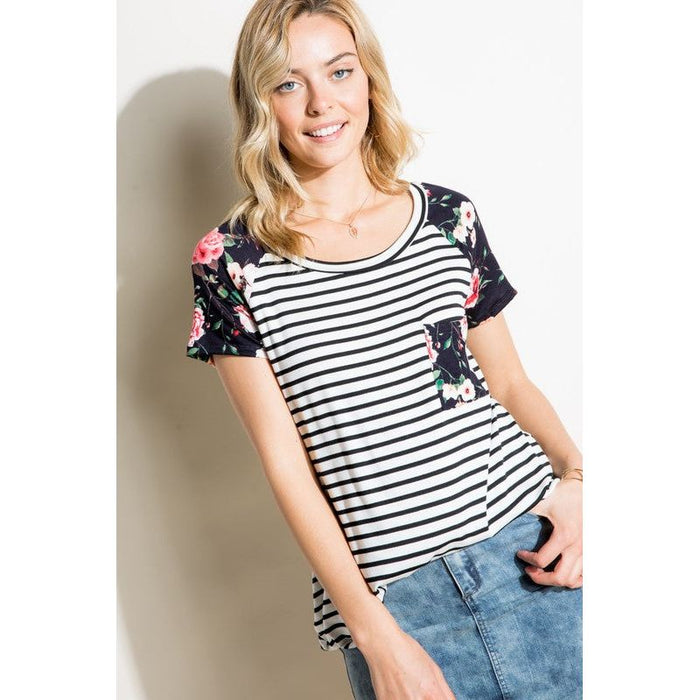 STRIPE FLORAL MIX SHORT SLEEVE TOP