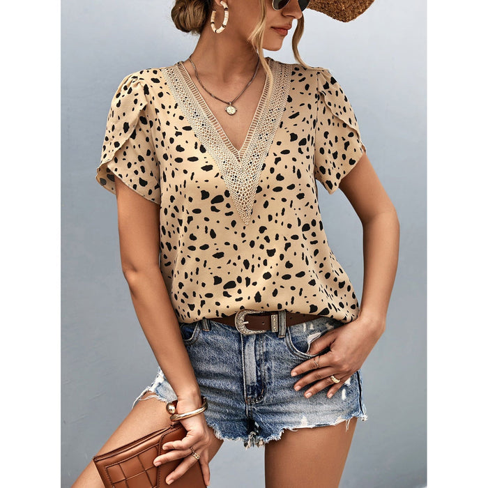 Animal Print V-Neck Petal Sleeve Blouse