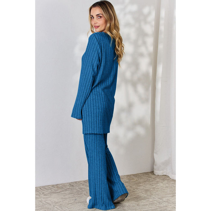 Basic Bae Ribbed High-Low Top and Wide Leg Pants Set