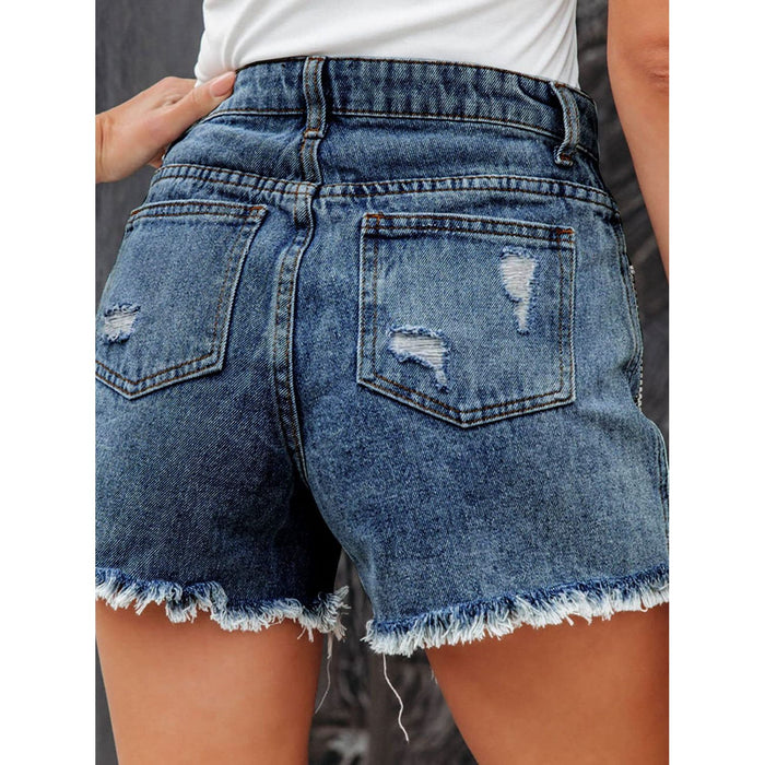 Distressed Fringe Denim Shorts with Pockets