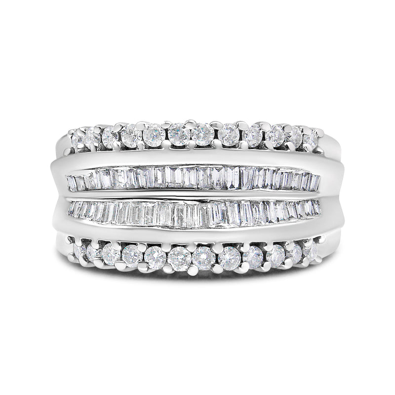 Bids.com 14K White Gold 1.00 Cttw Round and Baguette-Cut Diamond Modern Band Ring (H-I Color, SI2-I1 Clarity) - Ring Size 7 Rings