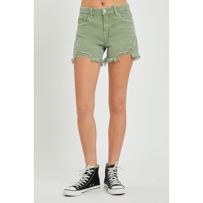 RISEN Mid Waist Frayed Hem Denim Shorts