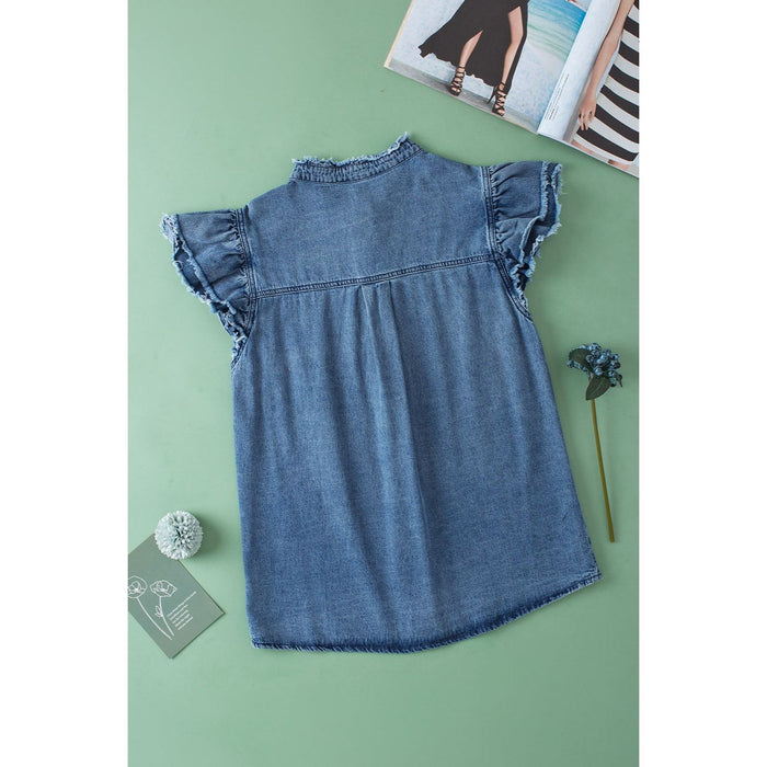 Raw Hem Button Up Cap Sleeve Denim Top