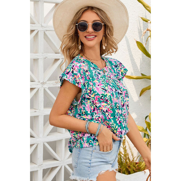 Printed Round Neck Cap Sleeve Blouse