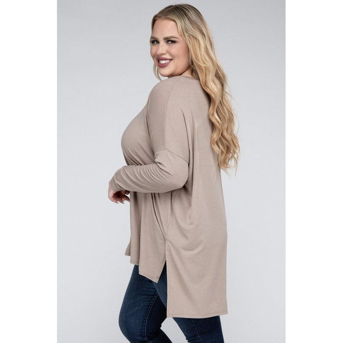 Plus Dolman Sleeve V-Neck Side Slit Hi-Low Hem Top