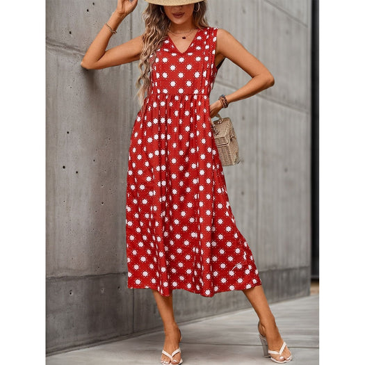 Printed V-Neck Sleeveless Midi Dress