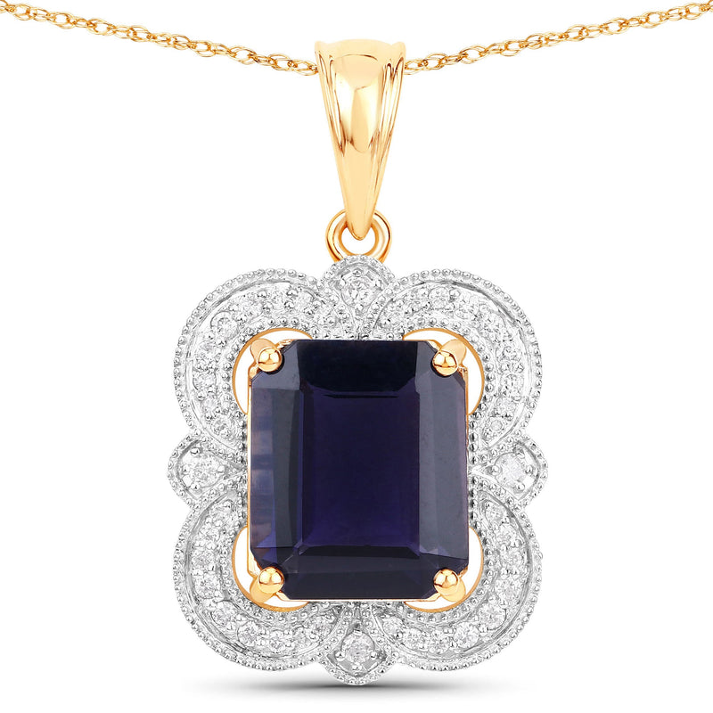 Bids.com 4.07 Carat Genuine Iolite and White Diamond 14K Yellow Gold Pendant Pendants