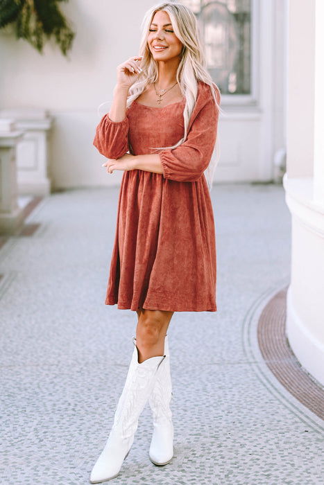 Suede Square Neck Puff Sleeve Dress