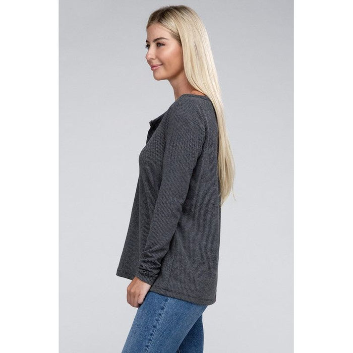 Melange Baby Waffle V-Neck Long Sleeve Top