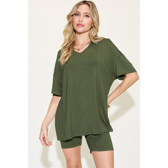 V-Neck Drop Shoulder Short Sleeve T-Shirt and Shorts Set