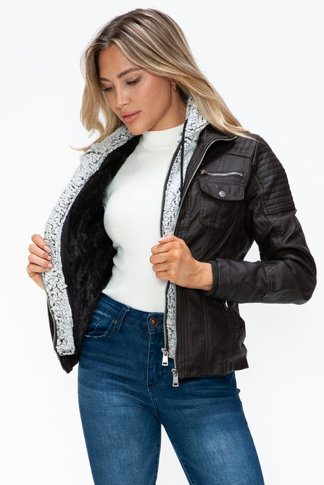 Removable Faux Layered Multi-Pocket Jacket with Fuzzy Hood