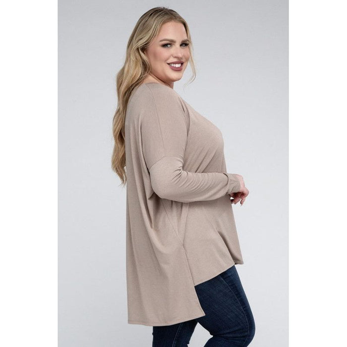 Plus Dolman Sleeve V-Neck Side Slit Hi-Low Hem Top