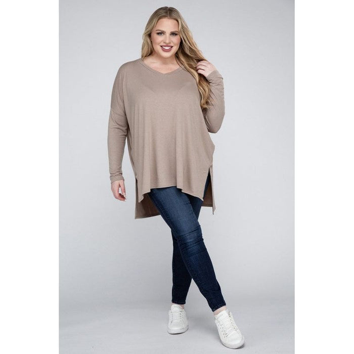 Plus Dolman Sleeve V-Neck Side Slit Hi-Low Hem Top