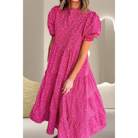 Printed Notched Puff Sleeve Midi Dress