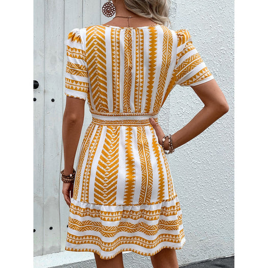 Geometric Notched Short Sleeve Mini Dress