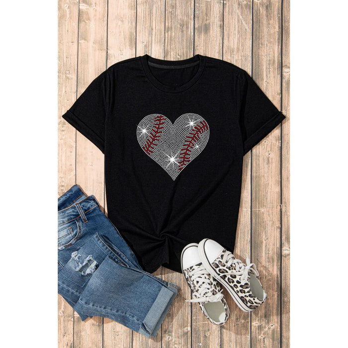 Rhinestone Heart Round Neck Short Sleeve T-Shirt