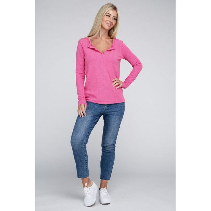 Melange Baby Waffle V-Neck Long Sleeve Top