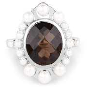 Bids.com 5.75 Carat Genuine Smoky Quartz and Pearl .925 Sterling Silver Ring Rings