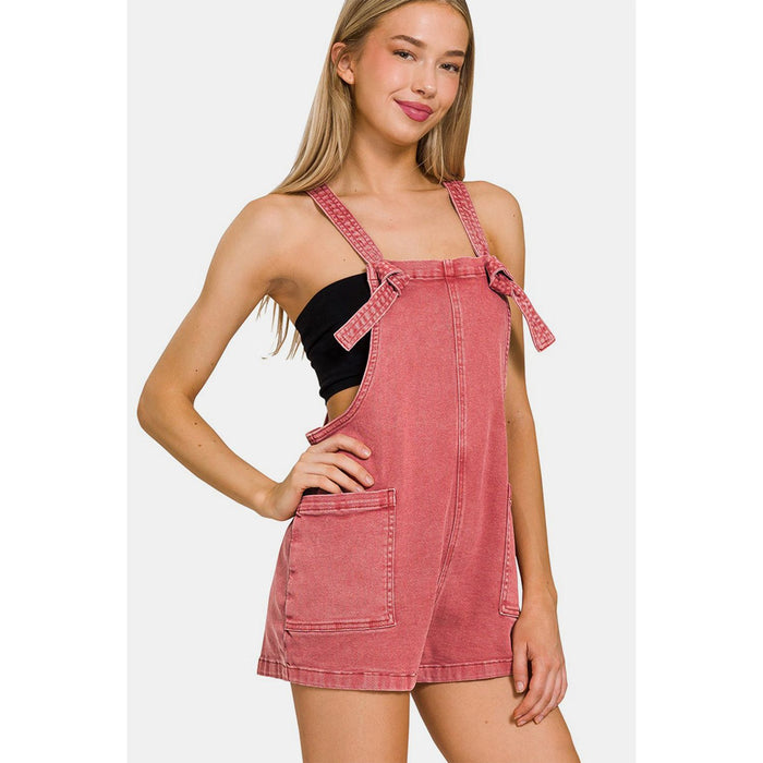 Zenana Washed Knot Strap Rompers