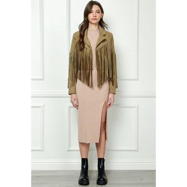 Veveret Suede Fringe Long Sleeve Moto Jacket