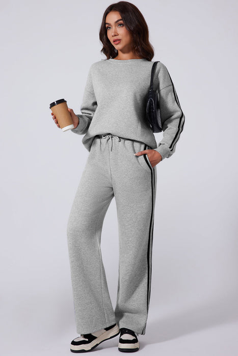 Striped Round Neck Top and Pants Active Set