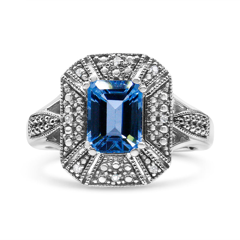 Bids.com .925 Sterling Silver Diamond Accent and 8X6 mm Emerald-Shape Blue Topaz Ring (I-J Color, I2-I3 Clarity) - Ring Size 7 Rings