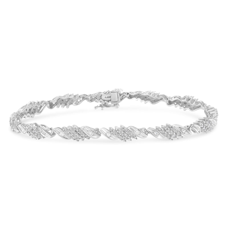 Bids.com .925 Sterling Silver 1-1/2 Cttw Round and Baguette Cut Diamond Wave Link Bracelet (I-J Color, I2-I3 Clarity) - 7" Bracelets