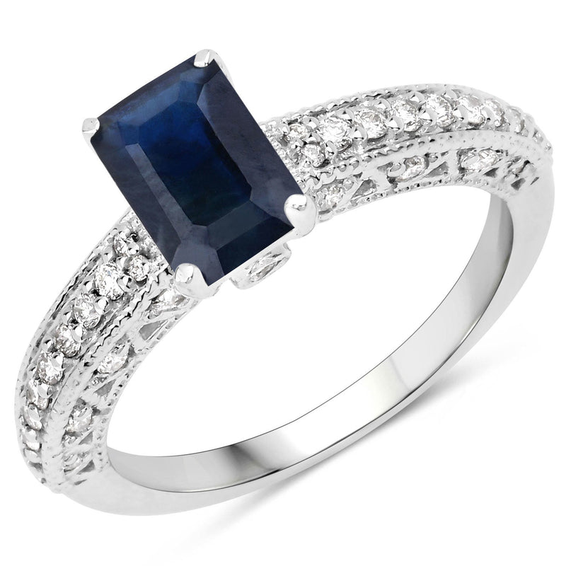 Bids.com 1.55 Carat Genuine Blue Sapphire and White Diamond 14K White Gold Ring (I Color, SI Clarity) Rings