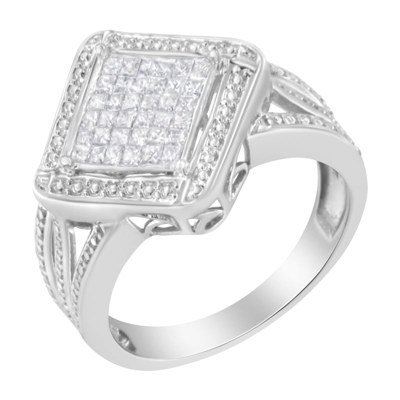 Bids.com .925 Sterling Silver 2/5 Cttw Princess Cut Diamond Square On Point Cluster Composite Cocktail Ring (H-I Color, SI1-SI2 Clarity) - Size 6 Rings