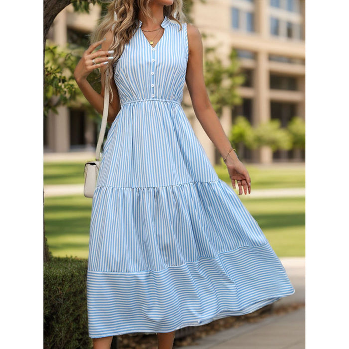 Striped Notched Sleeveless Midi Dress