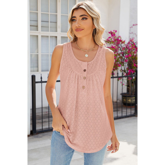 Eyelet Buttoned Round Neck Tank