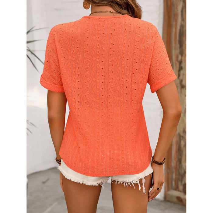 Eyelet V-Neck Short Sleeve Top