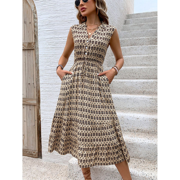 Printed Johnny Collar Midi Dress