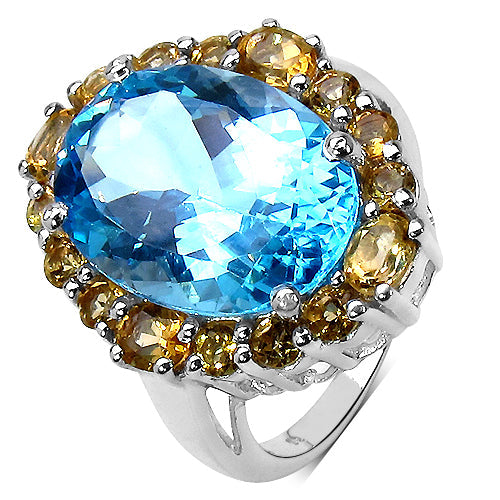 Bids.com 12.73 Carat Genuine Blue Topaz & Citrine .925 Sterling Silver Ring Rings