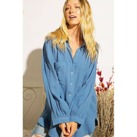 TEXTURED GAUZE BUTTON DOWN PUFF SLEEVES BLOUSE TOP